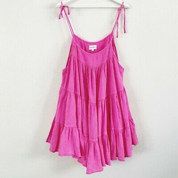 Honorine Bright Pink Cotton Gauze Tiered Mini Dres - Picture 2 of 3
